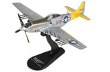 1/48 P-51D Mustang aircraft model on black display stand, yellow and gray.