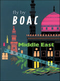 Vintage airline travel advertising poster print with BOAC and Middle East text, city skyline