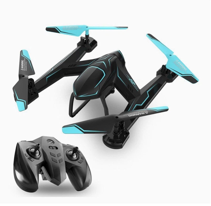 Black and cyan RC quadcopter drone with foldable propellers and remote controller