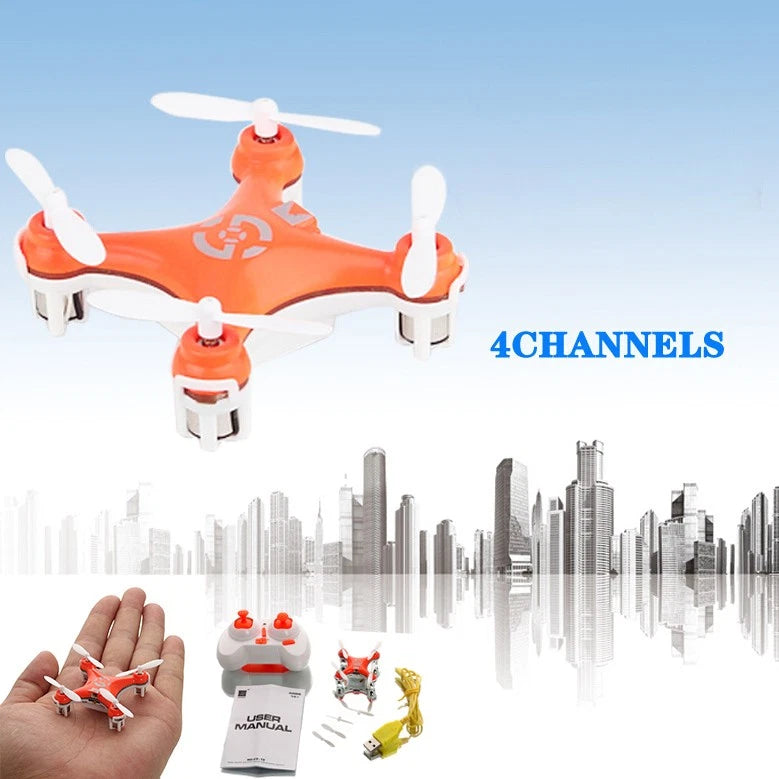 Orange mini RC quadcopter drone with four white propellers and LED lights, plus remote controller