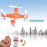 Orange mini RC quadcopter drone with four white propellers and LED lights, plus remote controller
