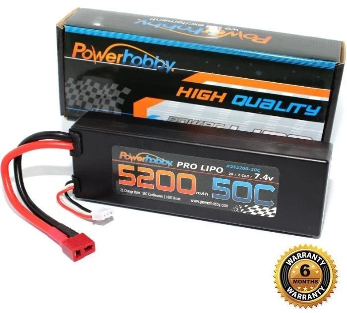 Power Hobby - 5200mAh 7.4V 2S 50C LiPo Battery with Hardwired T-Plug Connector Battery