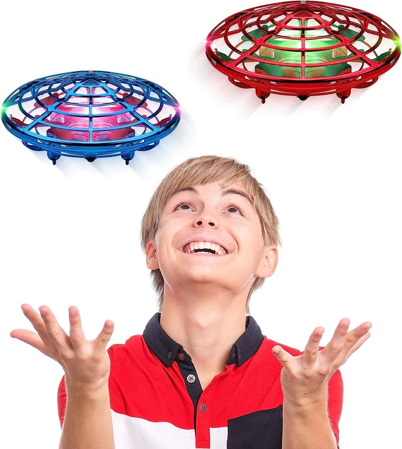 Kids UFO drone with red and blue glowing LED lights, hand-controlled ring design