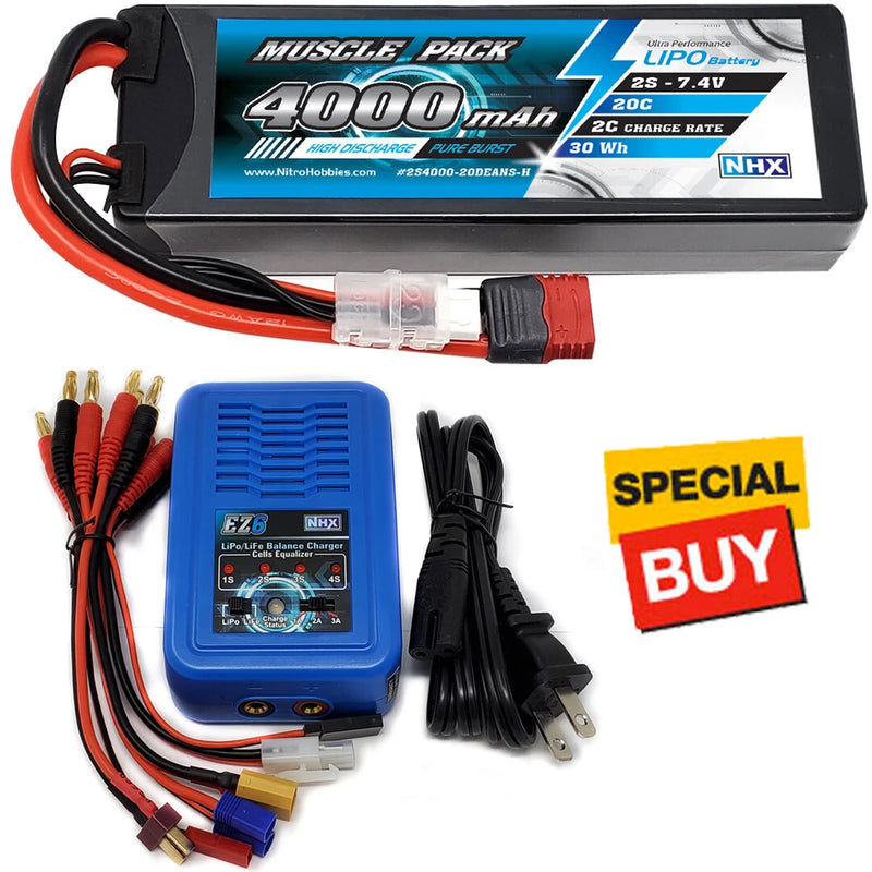 NHX Muscle Pack 2S 7.4V 4000mAh 20C Lipo Battery w/ DEANS Plug / EZ6 Charger Battery