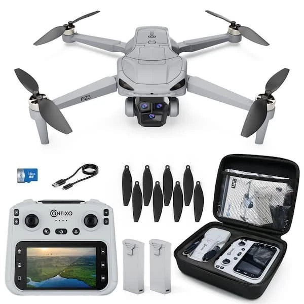 FPV quadcopter drone with camera, controller, propellers, and carrying case