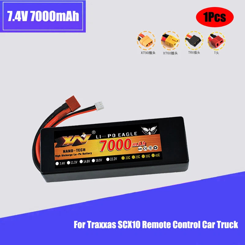 1Pcs 7.4V 7000mah 2S 35C Lipo Battery For Traxxas SCX10 Remote Control Car Truck