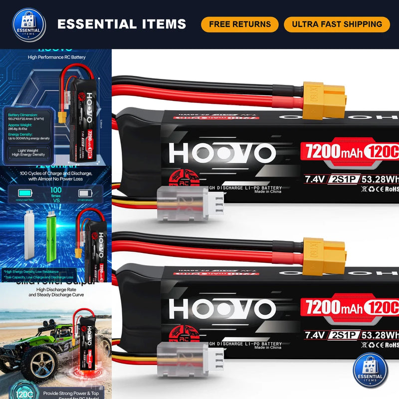 High-Performance 7.4V 7200mAh 120C Lipo Battery Pack for RC, Softcase, XT60 Plug Battery