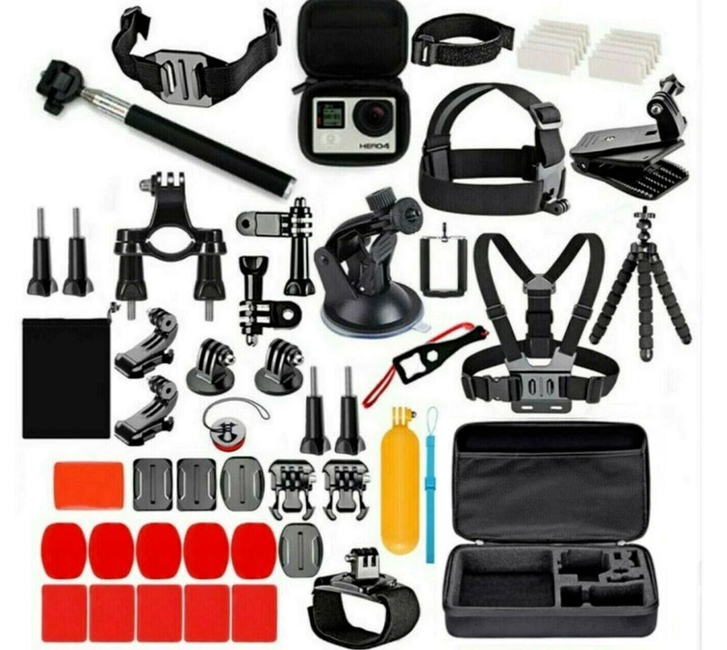 Action camera accessory kit with hard case, mounts, straps, and tripod pieces, black