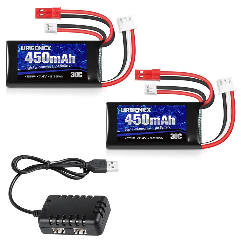 URGENEX 7.4V Lipo 2S 30C 450mAh Rechargeable Lipo with JST & PH2.0 Plug SCX24...
