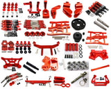 Red aluminum alloy RC shock absorber arm set with suspension parts and hardware.