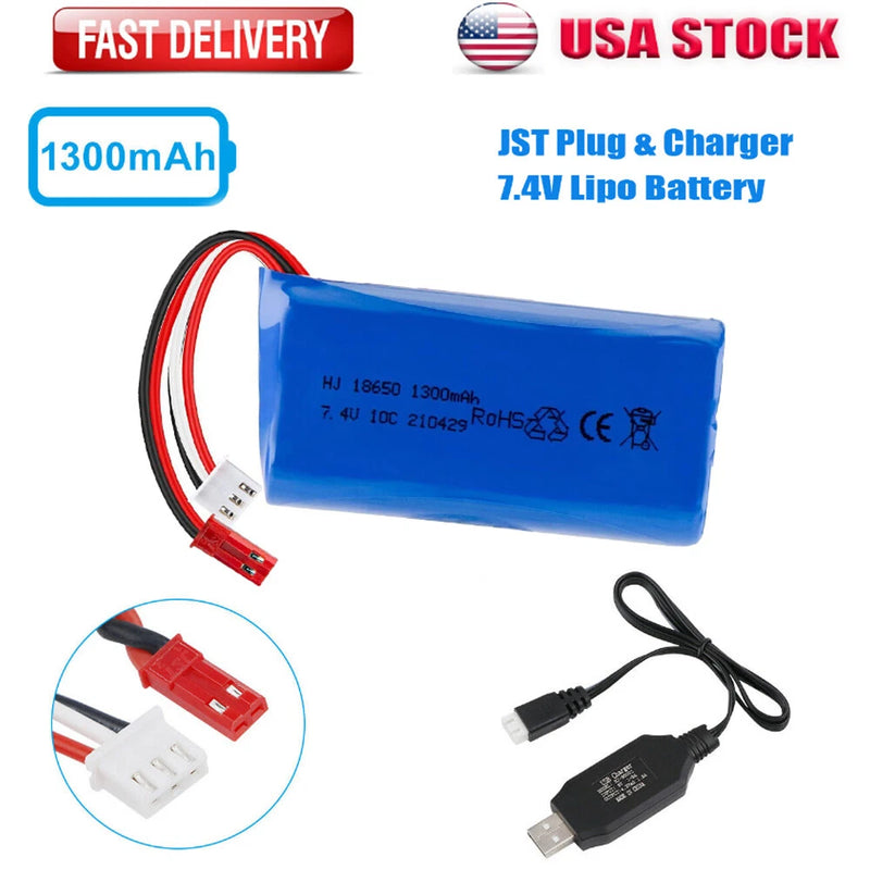 7.4V LiPo battery pack with JST plug and USB charger cable with lead