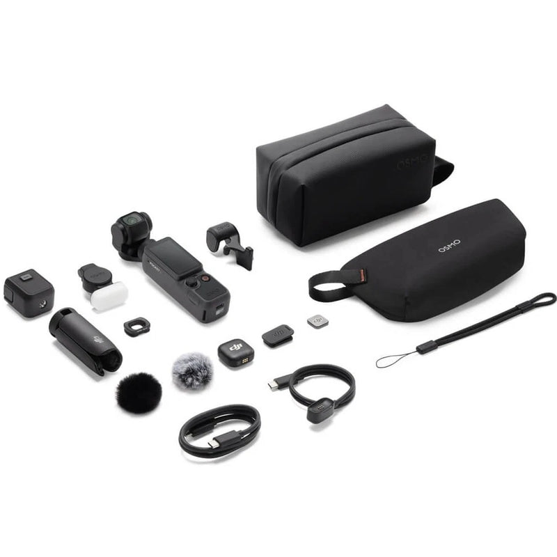 Gimbal camera creator combo kit with camera, wireless mic, accessories, cables, and pouch