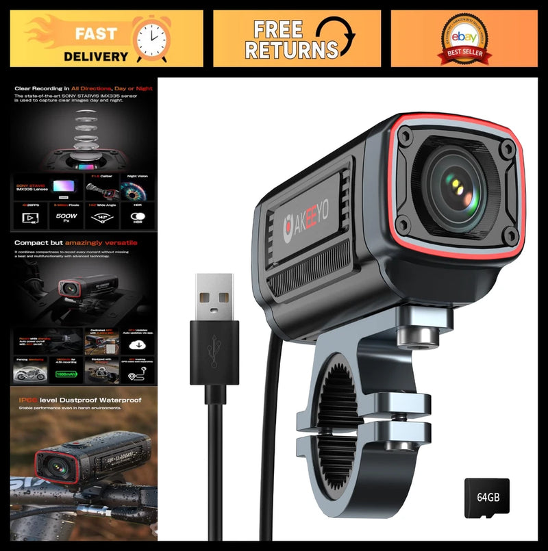 4K Motorcycle Camera, 2K 55fps, Wide-Angle 142??, IP67 Waterproof, Loop Recording