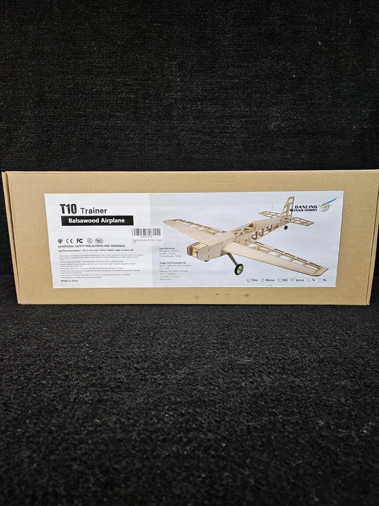 Dancing Wings T10 trainer balsa wood airplane kit box with instruction label