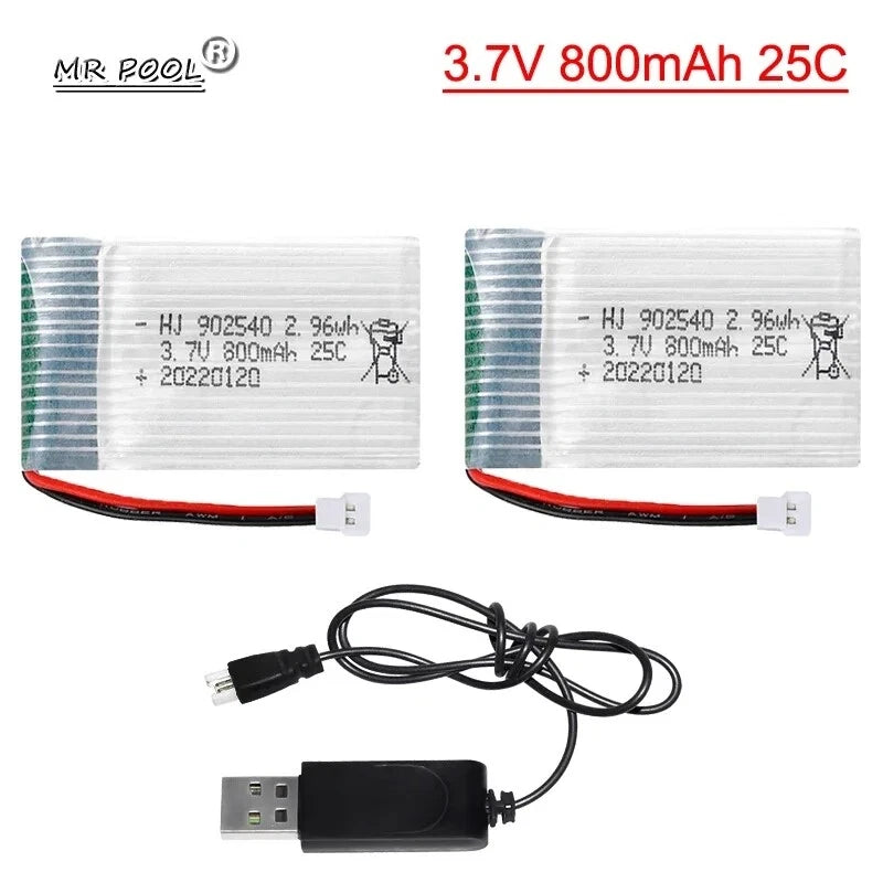 2Pcs 3.7V 902540 Lipo Battery 800mAh XH2.54 w/ USB Charger For RC Drone Airplane