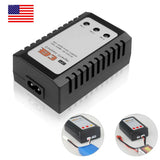 Compact black RC LiPo battery balancer charger with ventilation slots and DC input port