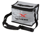 Gray lipo safe bag with black trim, front logo, zipper top and adjustable shoulder strap