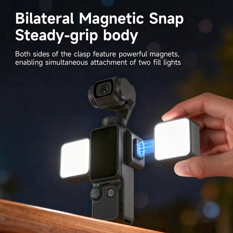 Dimmable magnetic snap fill light with two LED panels, clamp-style mount