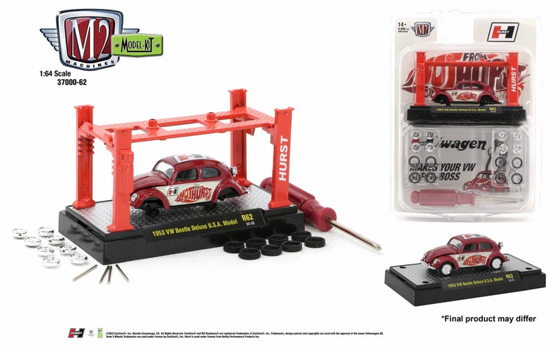 1:64 scale VW Beetle Deluxe model kit with red car, base, and parts accessories