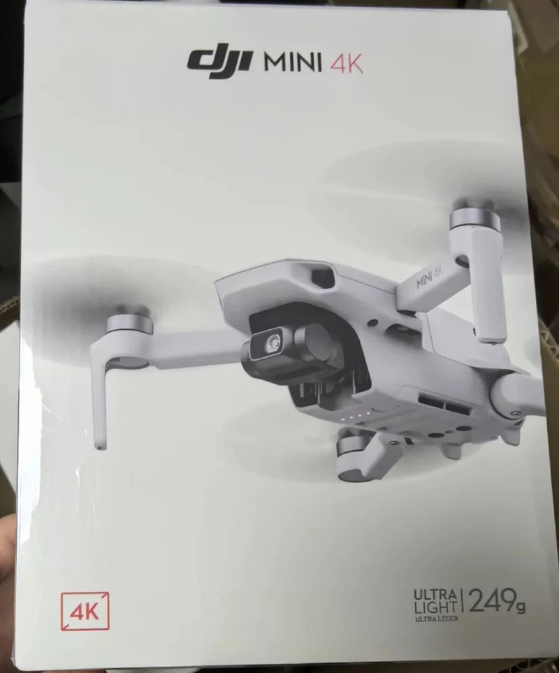 DJI Mini 4K drone box with printed drone illustration and 4K and 249g icons