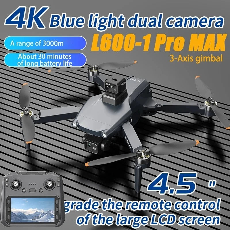 Black quadcopter drone with HD camera and 3-axis gimbal, plus remote controller