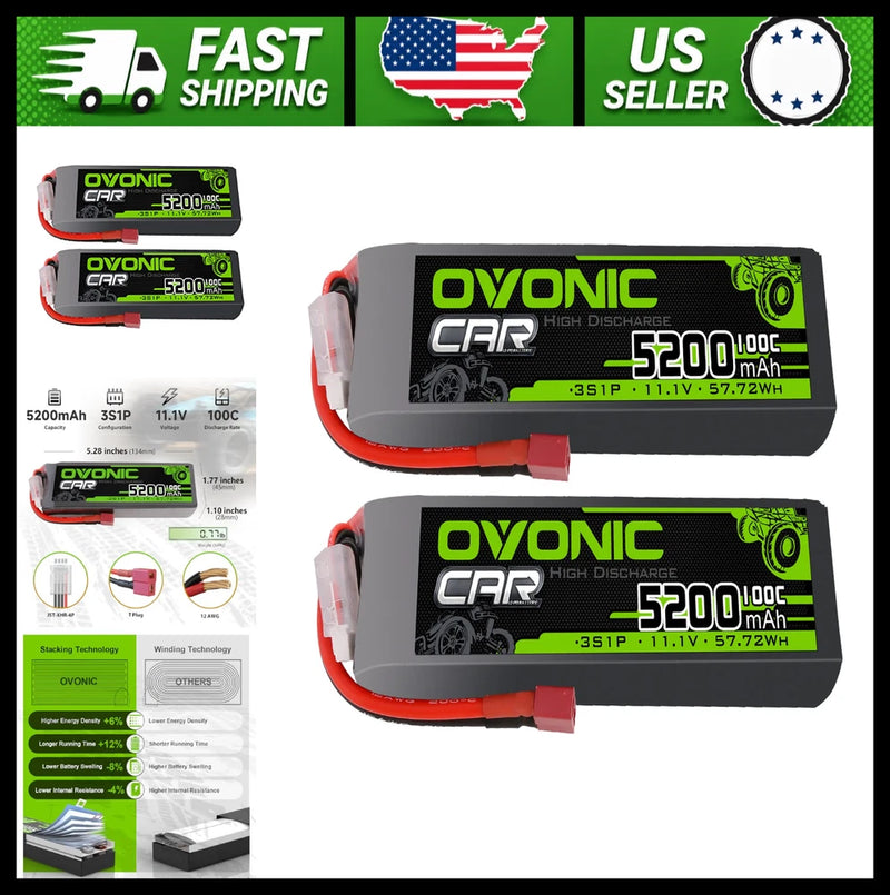 OVONIC 3S 11.1V 5200mAh 100C LiPo Batteries 2 Pack T Plug RC Car Truck Battery