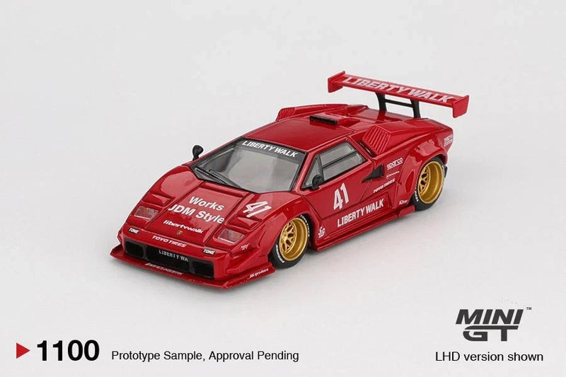 Red 1:64 Lamborghini Countach LB-WORKS LHD die-cast model with rear wing and yellow wheels