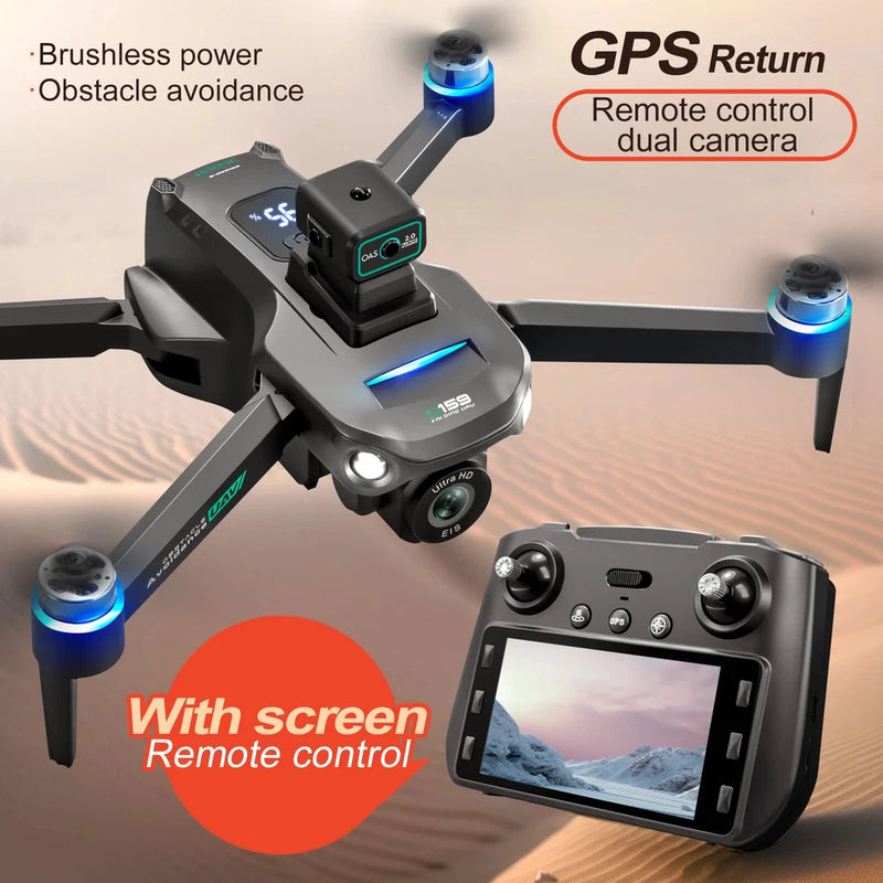 GPS quadcopter drone with remote control screen and four blue-lit rotors