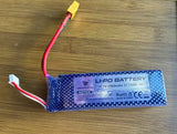 Blue Li-Po rechargeable battery pack with label and red/black wire leads