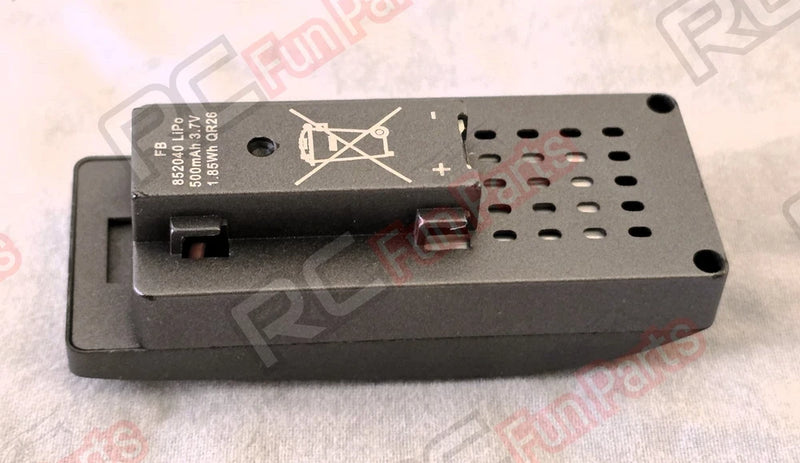 Black drone battery pack with metal charging contacts and ventilation holes