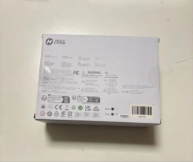Holy Stone drone box label with warning and model info on the back