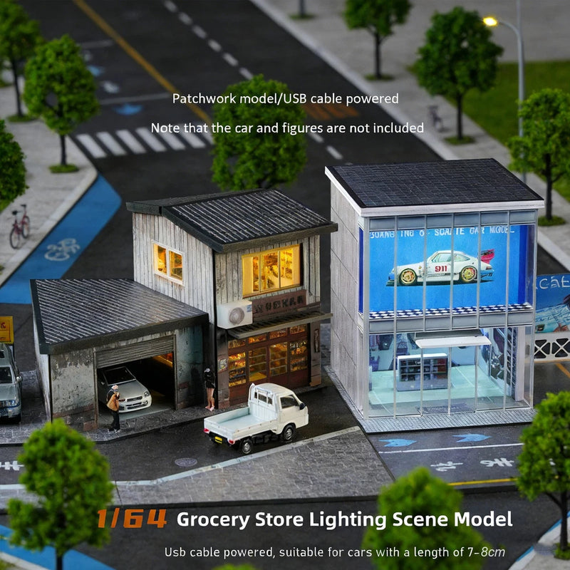 Diorama 1/64 Die-Cast Car Garage Model LED Street Car Repair Building Display US