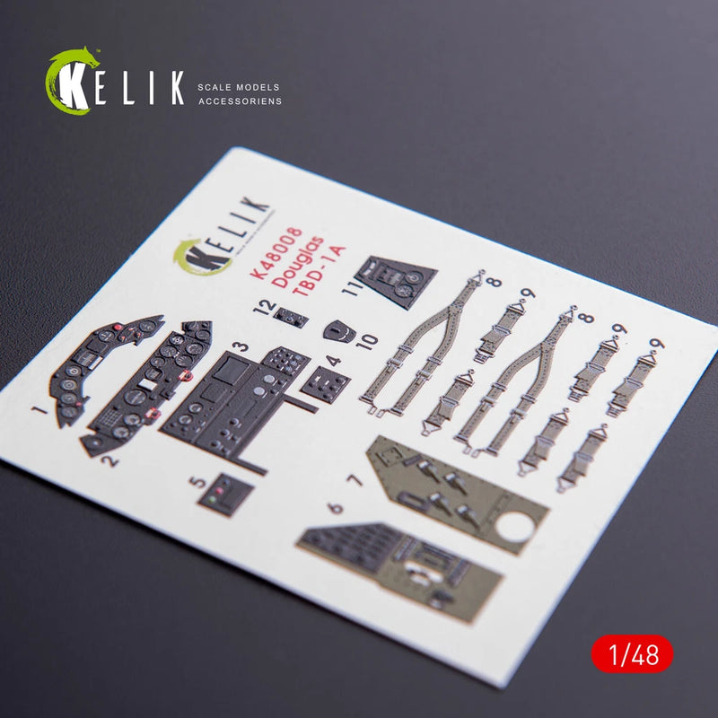 1/48 aircraft interior 3D decal sheet with numbered cockpit parts