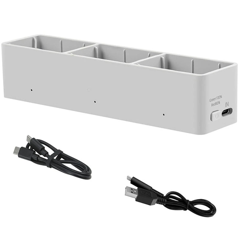 3-way battery charging manager dock with USB connectors and two black cables
