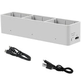 3-way battery charging manager dock with USB connectors and two black cables
