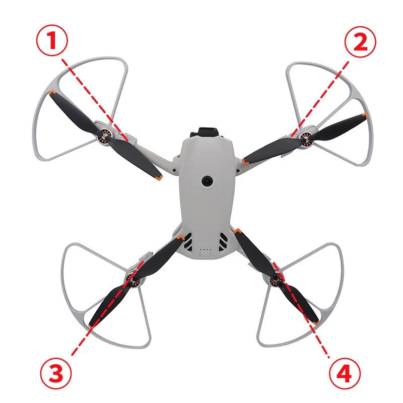 Drone propeller guards set with four curved blades, gray and black, for protection
