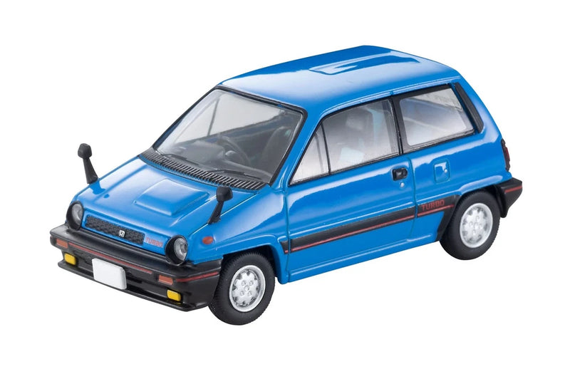 Tomica 1/64 die-cast blue Honda City Turbo model car, front 3/4 view