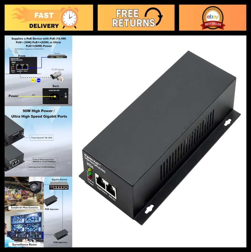 High Power PoE++ Injector Adapter, 90W Gigabit Port, Converts Non-PoE to PoE, 10