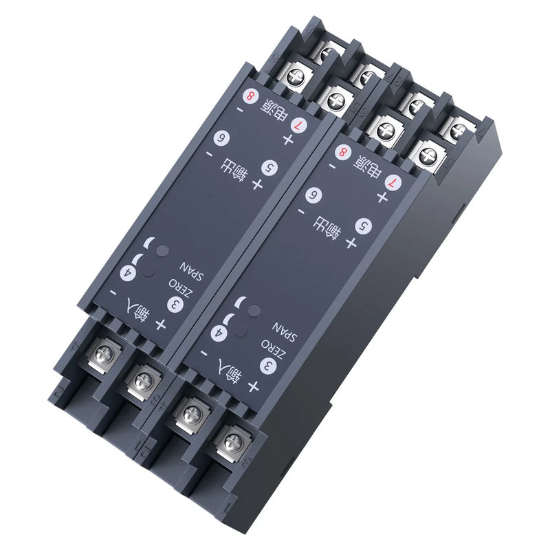 DC signal isolator analog converter with black terminal block and screw terminals, 1-in 1-out