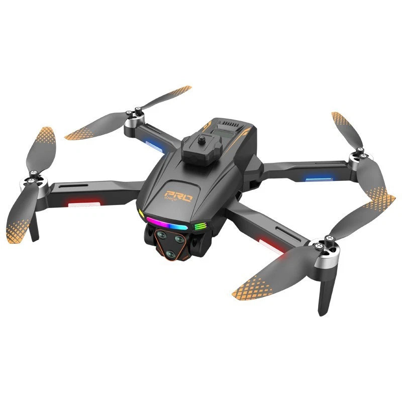 Screen-controlled quadcopter drone with four propellers and front camera, black and gray