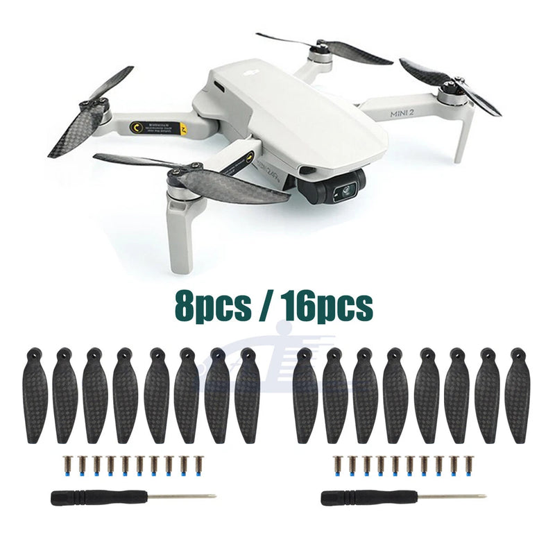 Carbon fiber propeller blade set for drone, dark carbon texture, with screws and tool