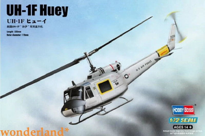 UH-1F Huey scale model helicopter kit, light gray with yellow tail stripe
