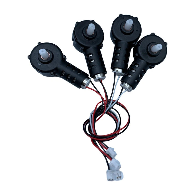 Set of 4 RC drone motors with black mounts, prop shafts, and red/black wiring harness