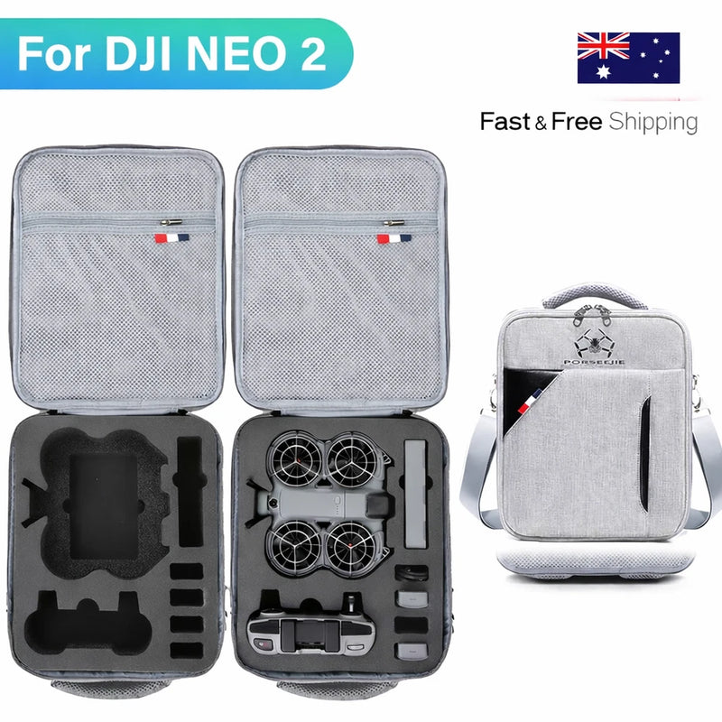 DJI Neo 2 drone storage shoulder bag with gray mesh pocket and gray foam inserts