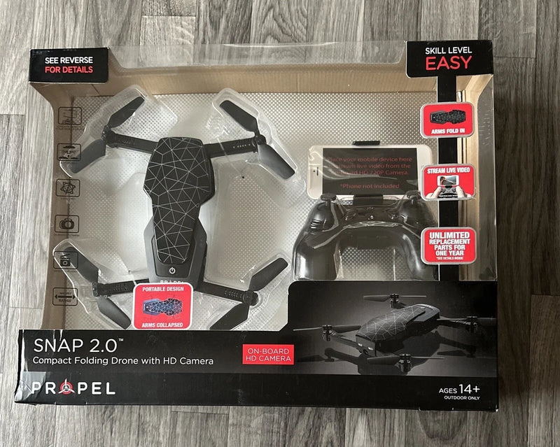 Propel Snap 2.0 compact folding drone box with HD camera, ages 14+.