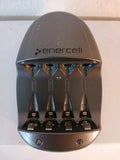 Enercell battery charger with four bay slots and indicator lights, compact desktop unit