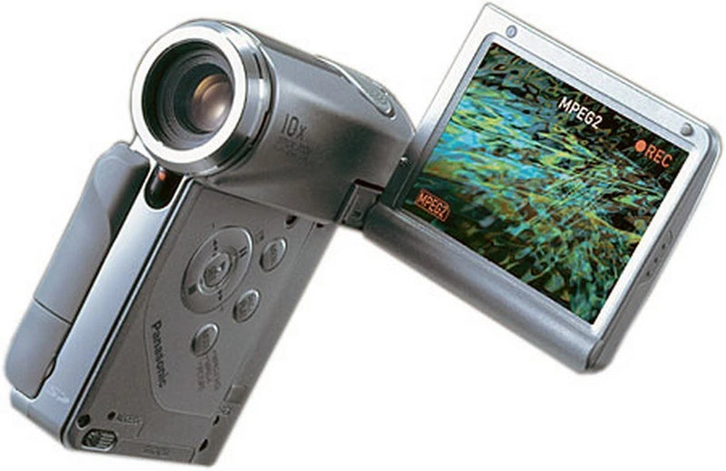 Silver compact digital camera with large lens and tilting LCD screen, Panasonic AV100