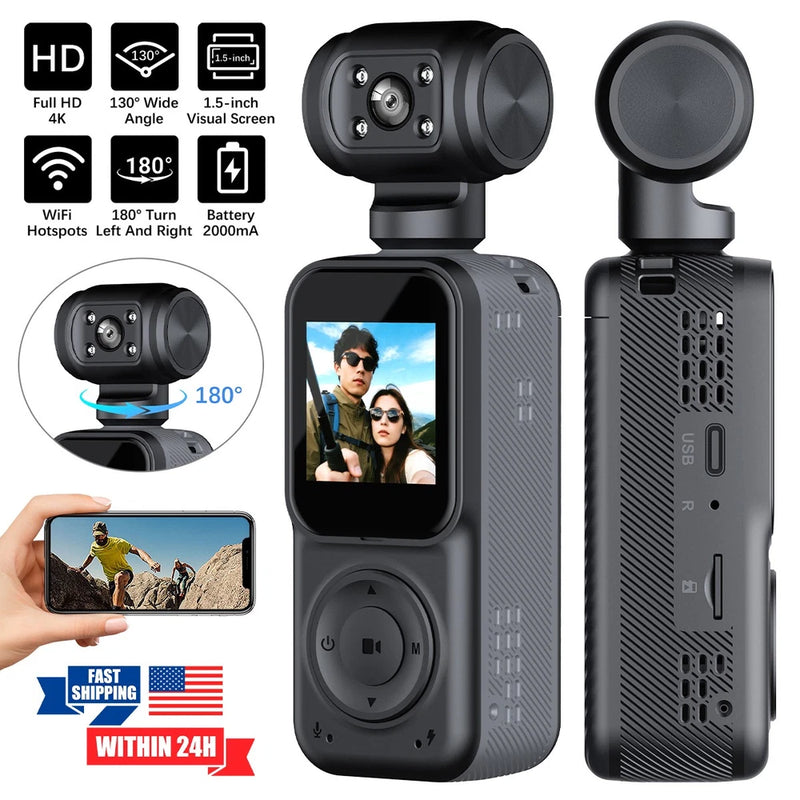 4K Single/Dual Lens Pocket Action Camera 180?? 260?? Rotation Handheld Sports Cam