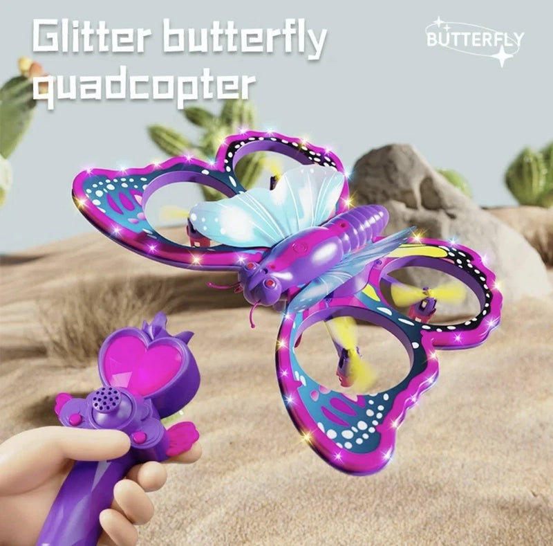 Glitter butterfly quadcopter toy drone with LED lights and remote control