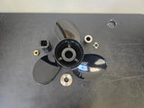 Boat propeller with hub and mounting hardware, three polished stainless blades
